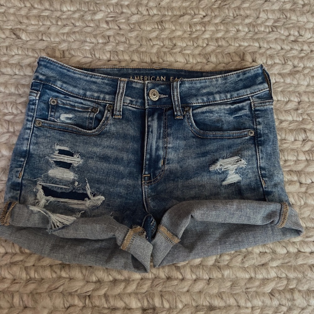 american eagle stretch dark wash ripped jean short